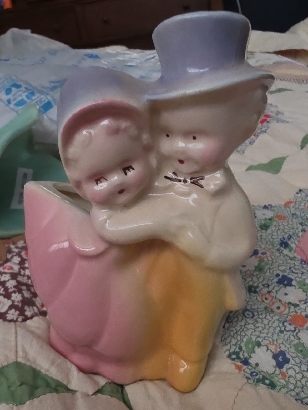 Ceramic Couple Planter in Pink, Yellow and Lavender